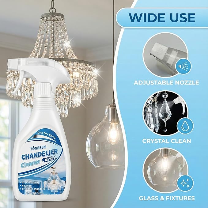 Chandelier Cleaner Drip Dry Spray, No Wipe Formula for Crystal Chandeliers, Streak-Free Spray-On Cleaner for Glass & Decorative Lighting Fixtures, Surface-Friendly on Crystal, 10.14 oz