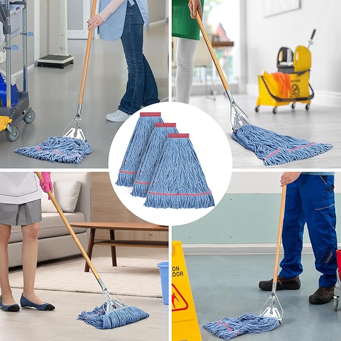 Matthew Cleaning 24oz Heavy Duty Mop Head Commercial Replacement for General and Floor Cleaning, Wet Industrial Blue Cotton Looped End String Head Refill (Pack of 3) Blue
