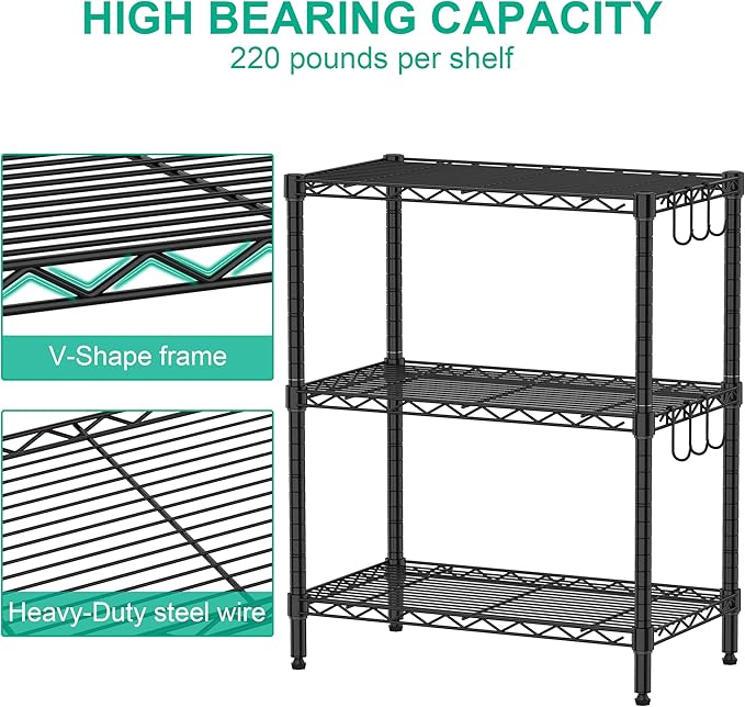 Folews 3-Tier Metal Shelf for Storage, Wire Shelving Unit Storage Rack Organizer Steel Utility Shelf for Kitchen Office Garage Pantry Laundry Organization(13.4D x 23.2W x 29.7H Inches)