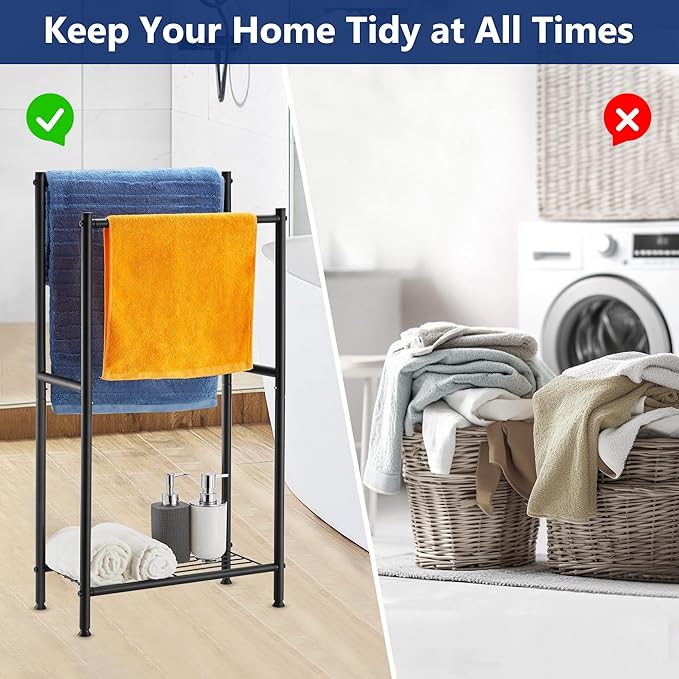 Free Standing Towel Rack, 2 Tier Towel Racks for Bathroom with Storage Shelves, Outdoor Standing Towel Drying Rack for Poolside, Black, DECLUTTR