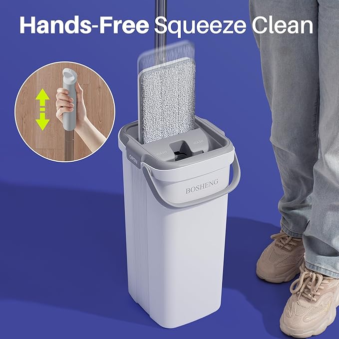 Mop and Bucket Set, Flat Mops for Floor Cleaning, Wall Mop with 60" Extensible Handle, Hardwood Floor Mop with 2 Microfiber Pads