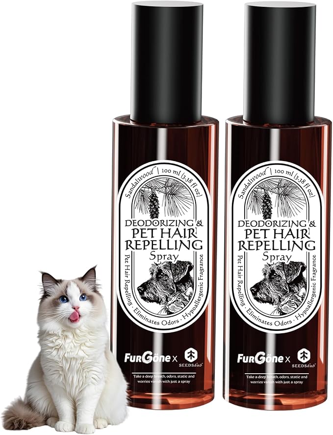 FurGone by Seedshub Pet Hair Repelling Spray, Odor Neutralizer | Anti-Static Wrinkle Release Pet-Friendly Sprays for Clothing and More, Pine Nut Scent, Up to 1400 Sprays, 3.38oz (2 Travel Pack)