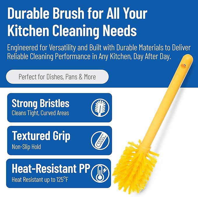 SPARTA 12 Inch Bottle Brush with Polyester Bristles and Plastic Handle, Color Coded, Large Round Head Cleaner for Bottles Jars and Food Service Equipment, Yellow
