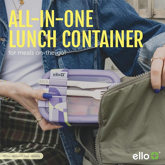 Ello 2-Pack Bento Box Lunch Stack Plastic Food Storage Container | Leak-Proof Locking Plastic Lids | Silicone Base | BPA-Free | Freezer Microwave and Dishwasher Safe | Wisteria