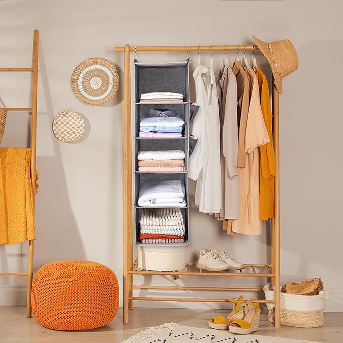 BOOMIBOO Hanging Closet Organize and Shelves，5-Hanging Shelf with 2 Side Pockets，Storage Foldable （2 Pack,Black）