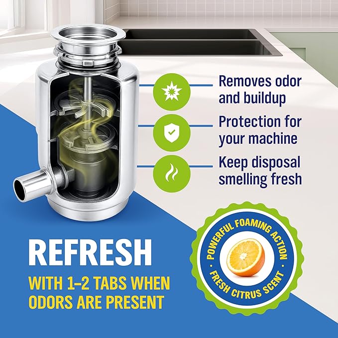 WoldoClean Garbage Disposal Cleaner and Deodorizer Tablets - 24 Pack, Foaming Sink Drain Cleaner & Odor Eliminator, Fresh Citrus Scent, 1 Year Kitchen Cleaning Supply