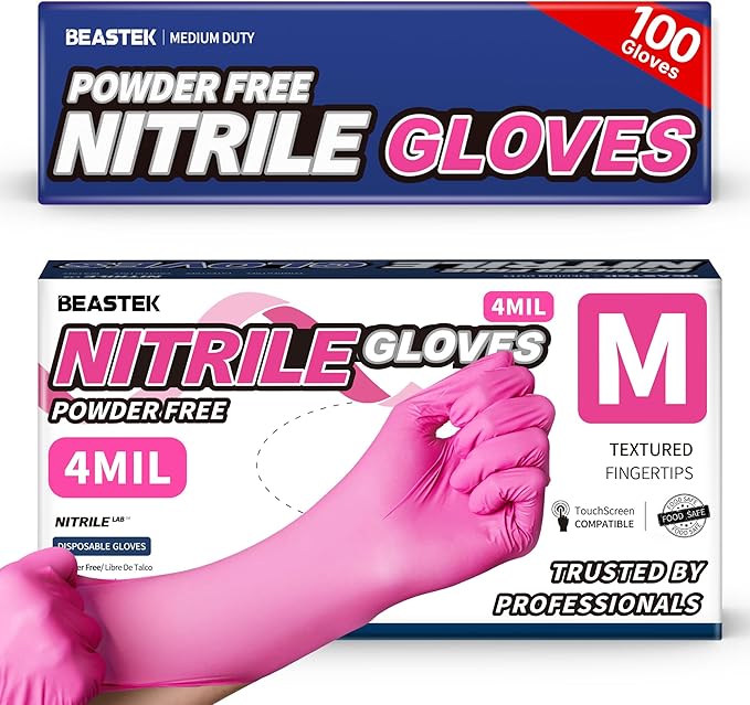 Beastek Nitrile Disposable Exam Gloves, 4Mil 100Ct Powder-Free Latex-Free Food-Safe for Cooking Medical Esthetician, Hot Pink