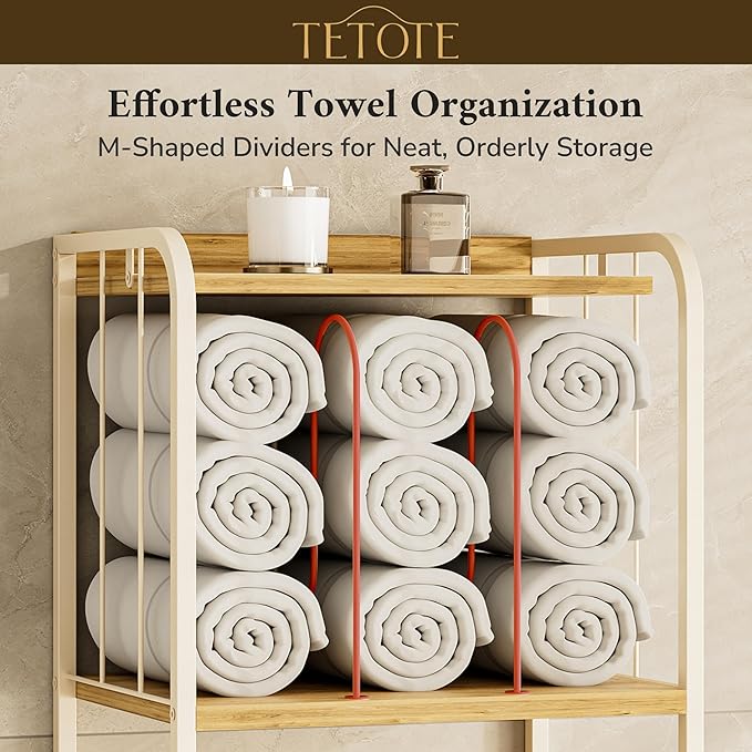 TETOTE Towel Rack 4-Tier M-Shaped Detachable Dividers Towel Storage Organizer with Hooks Modern Towel Stand Shelf for Bathroom, Pool, Kitchen, Living Room, White