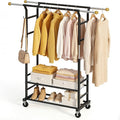 Clothes Rack with 3-Level Height Adjustment - Double Rod Extendable Hanging Rails with Wooden Finials, Luxury 2-Tier Metal Storage Shelves - Sturdy Wardrobe Rack for Closet, Bedroom or Laundry