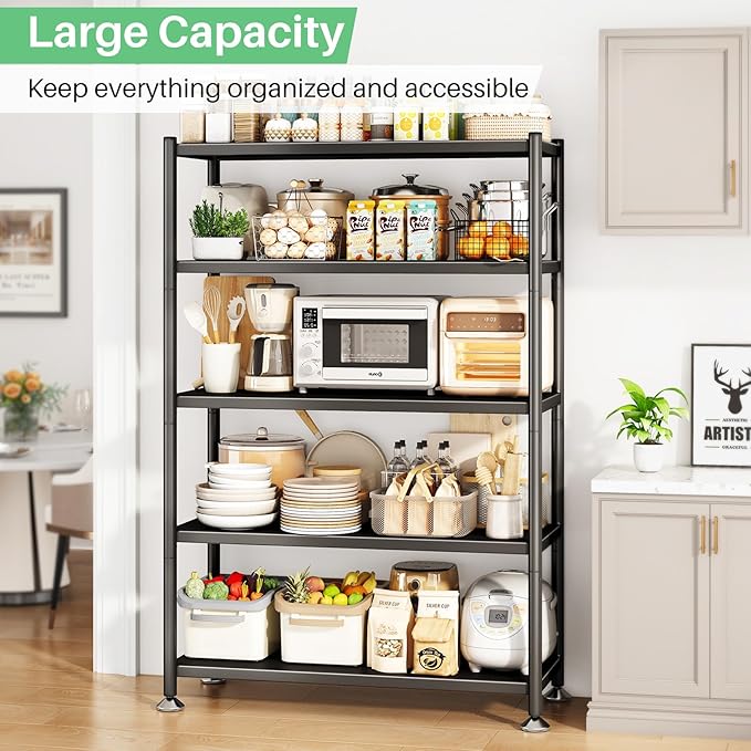 PXRACK Metal Shelving for Storage, 5 Tier Adjustable Kitchen Storage Shelves with Wheels, Shelving Unit Bookshelf Utility Shelf Metal Storage Rack for Garage Pantry Closet Laundry, 35.8"x13"x59.65"
