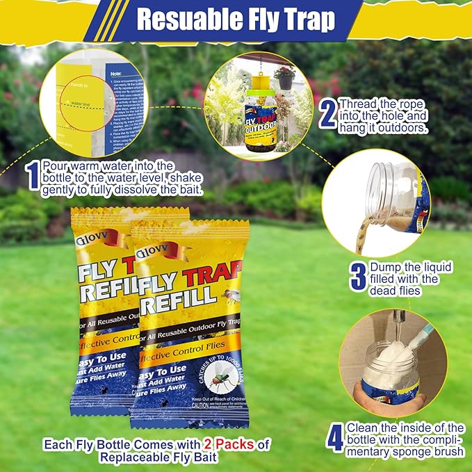Reusable Outdoor Fly Trap Bottles, 3 Pack Flies Killer Jar Catcher with 6 Natural Bait Refills Lure, Bug Insect Control Hanging for Outside Barns, Stable, Patio