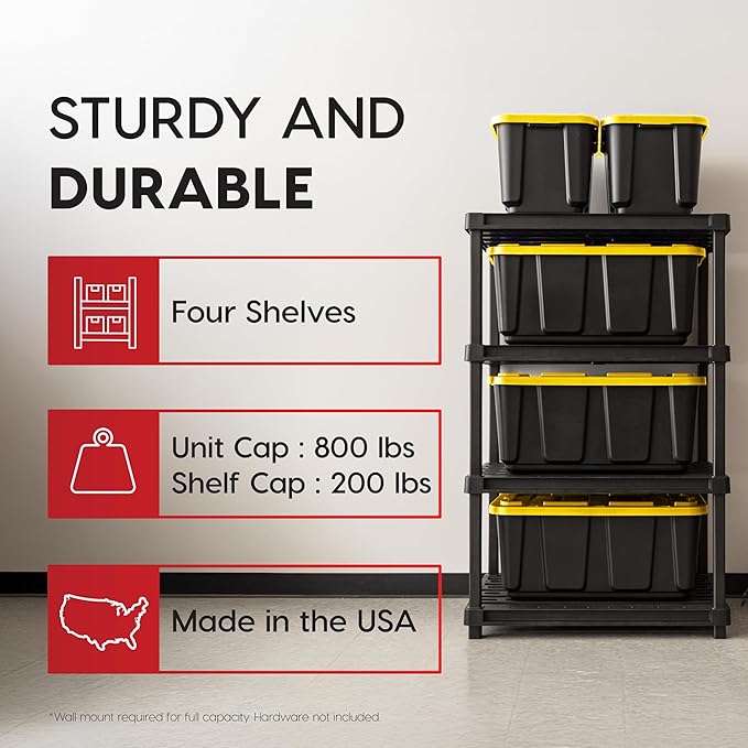 IRIS USA 4-Shelf Extra Heavy Duty Deep Plastic Storage Shelves, 800lb Capacity, 57" H x 36" W x 24" D, Large Modular Shelving Unit Storage Organizer for Garage, Home, Warehouse & Gym, Rack - Black