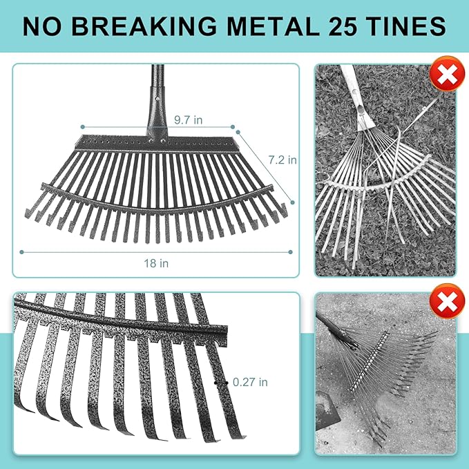 KeFanta Garden Leaf Rake ,18.5" Wide Heavy Duty Leaf Rake with 25 Metal Tines, Leaves Rakes with 6FT Adjustable Handle for Yard Lawn Shrub Garden Leaves