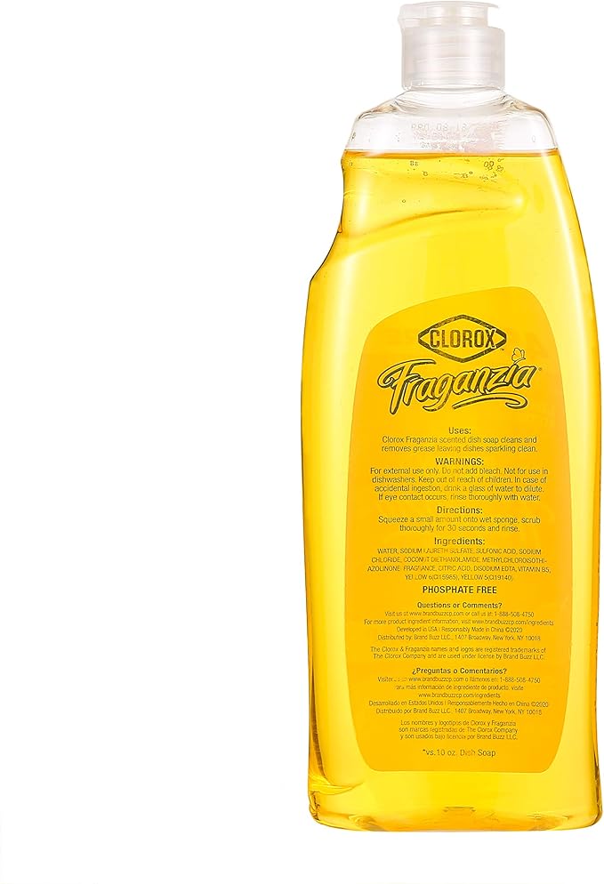 Clorox Fraganzia Liquid Dish Soap | Smells Great and Cuts Through Tough Grease FAST | Quick Rinsing formula Washes Away Dirt | A Powerful Clean You Can Trust, Orange Zest Scent, 22 Ounces