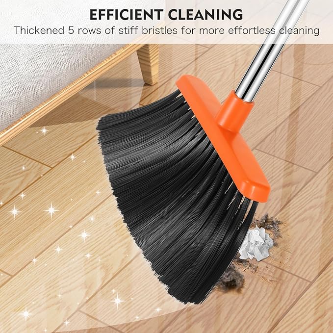 Broom and Dustpan Set, 55-in Long Adjustable Handle Broom with Dustpan Combo Set with Dustpans Teeth to Automatically Clean Hair Suitable for Home Kitchen Office Hall Lobby, Large(Black&Orange)