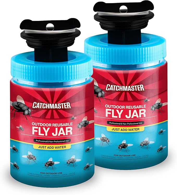 Catchmaster Outdoor Reusable Fly Traps Outdoor with Food-Based Lure Included – 2 Pesticide-Free Hanging Fly Jars – Bug Catchers for Yard, Patio & Trash – Sets Up in Seconds