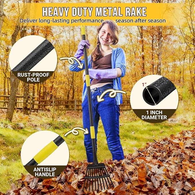 Leaf Rake, Small Rake for Leaves with 30"-75" Adjustable Long Handle, 11 Tines 8.5" Wide, Metal Rakes Heavy Duty for Lawns, Gardening, Yard, Camping, Shrub, Grass, Bush, Weed, Debris