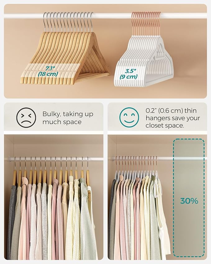 SONGMICS Velvet Hangers, Set of 60 Clothes Hanger with Rose Gold Swivel Hook, Non-Slip, and Space-Saving, 0.2-Inch Thick, 17.1-Inch Long for Coat, Shirt, Dress, Pants, Tie, Cloud White UCRF0021W01