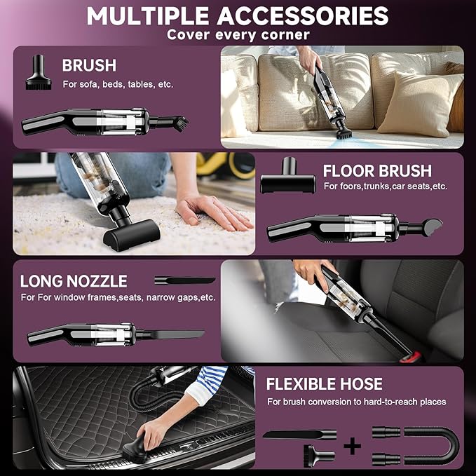 dormzie Handheld Vacuum Cordless, 16000Pa Powerful Suction, Lightweight at 1.3 lbs, Type-C Charge, Multiple Accessories, Rechargeable Car Vacuum Cleaners for Home Office Pet