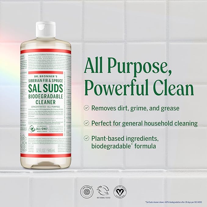 Dr. Bronner's Sal Suds Biodegradable Cleaner (32 Ounce, 2-Pack) – All-Purpose Mop Detergent for Floors, Kitchen & Bathroom, Multi-Surface Household Concentrate, Dish Degreaser & Laundry Use