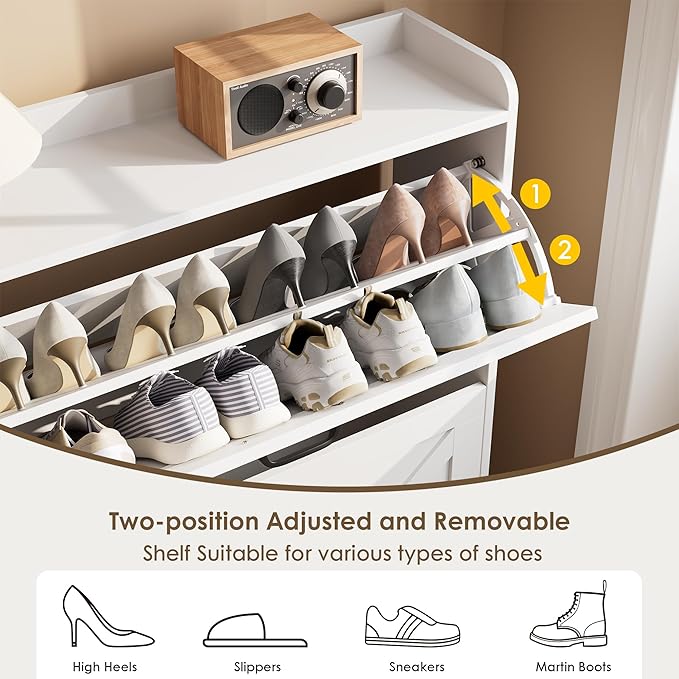 Nicetree Shoe Storage Cabinet with 2 Flip Drawers, Freestanding Shoe Organizer, Shoe Cabinet with Metal Legs, Narrow Shoe Rack Cabinet, Farmhouse Slim Shoe Cabinet for Entryway, Foyer, Hallway, White