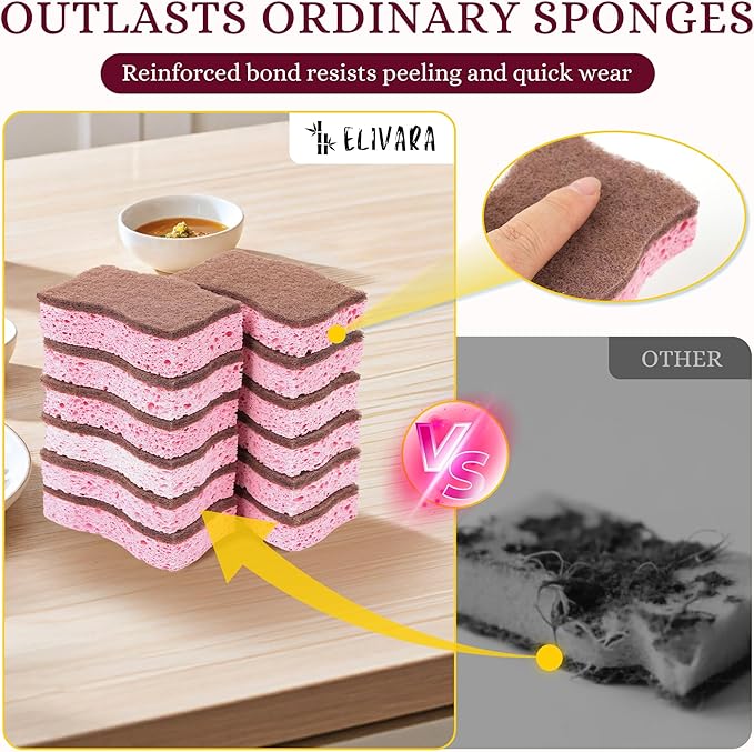 Kitchen Sponges – 12 Pack – Non-Scratch Dual-Sided Cellulose Scrub Sponges for Dishes, Pots, and Pans – Durable, Absorbent, and Reusable (Brown/Pink)