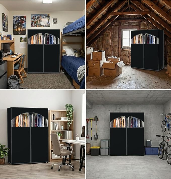 HOLDN’ STORAGE Portable Wardrobe Closet - 65 lb Large Capacity, Internal Heavy Duty Metal Rod, Zipper & Clear Window, Durable Clothes Organizer, Tool-Free Easy Assembly, Black Canvas Cover