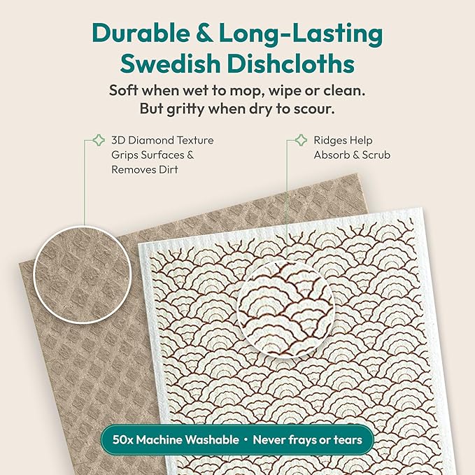 FEBU Swedish Dishcloths for Kitchen | 5 Pack Stamps Reusable Paper Towels Washable | Swedish Dish Towels | Non-Scratch Cellulose Sponge Cloths | No Odor, Biodegradable Cleaning Cloths