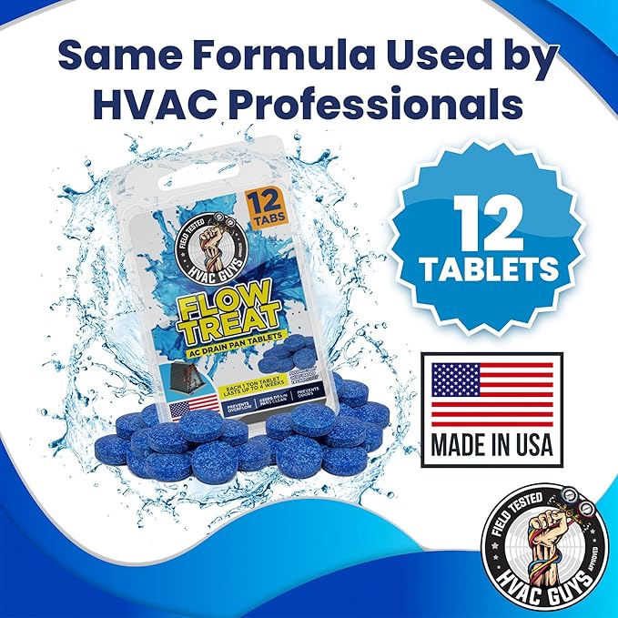 AC Drain Pan Tablets 12PK | Flow Treat Tablets Prevents Odors, Keeps HVAC Drain Pan Clean, Prevents Overflow | One Tablet Lasts up to 4 Weeks