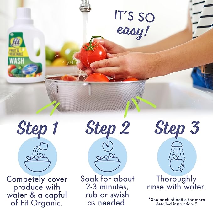 Fit Organic Soaker Produce Wash – USDA Certified Organic & Kosher Fruit and Vegetable Cleaner – Removes 98% Pesticides, Wax & Contaminants – Family & Pet Safe, Chemical-Free, 32 Oz