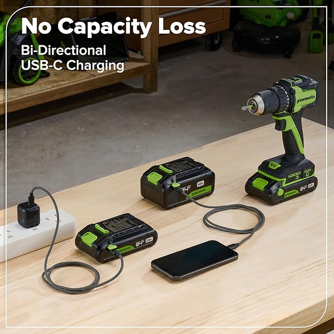 Greenworks 24V Brushless Cordless Impact Driver (1950 in-lbs.), 1/4" Hex Collet, 2.0Ah USB-C Battery, 30W USB-C Charger & 3.3FT Braided Cable, Compatible with iPhone/iPad/Samsung & More