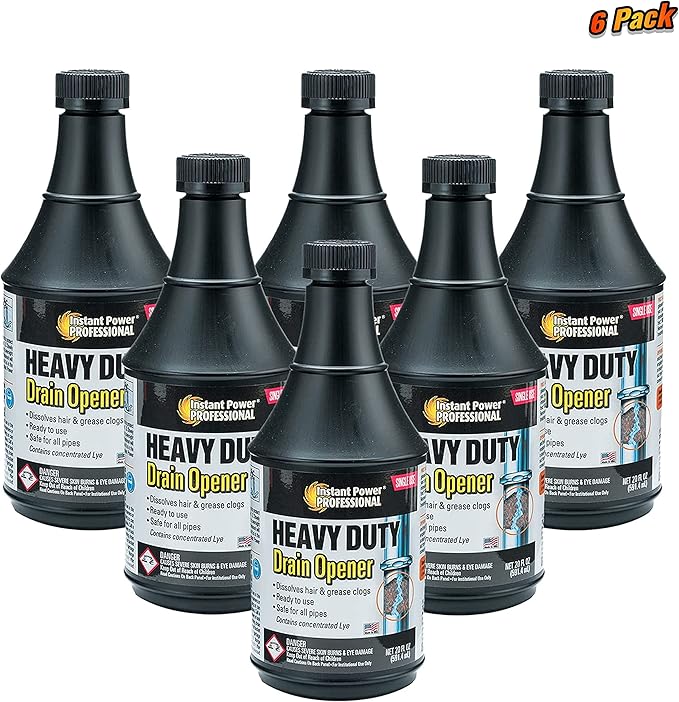 Instant Power Professional Heavy Duty Drain Opener - Sink and Shower Drain Cleaner, Clog Remover and Deodorizer, Dissolves Hair and Grease Clogs, Ready to Use, Made in USA - 20 Fl Oz (Pack of 6)