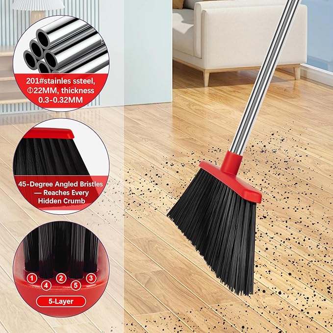 Heavy Duty Angle Broom, 55-Inch Long Handle Extra Wide 12.6 Inch Head, Stainless Steel Tube & PP Bristles for Pet Hair and Dust, Floor Safe - Red