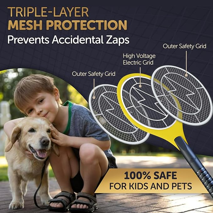 Bug Zapper 18" Electric Fly & Mosquito Swatter Racket - Outdoor/Indoor Killer for Flies, Battery-Operated Tennis Killing Zap, 3000 Volts Electronic Catcher, 2 AA Batteries Included - Yellow