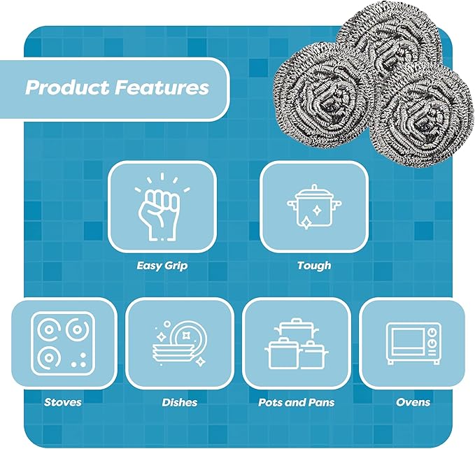 12 Pack Stainless Steel Scourers by Scrub It – Steel Wool Scrubber Pad Used for Dishes, Pots, Pans, and Ovens. Easy scouring for Tough Kitchen Cleaning. (X Large (80 gram))