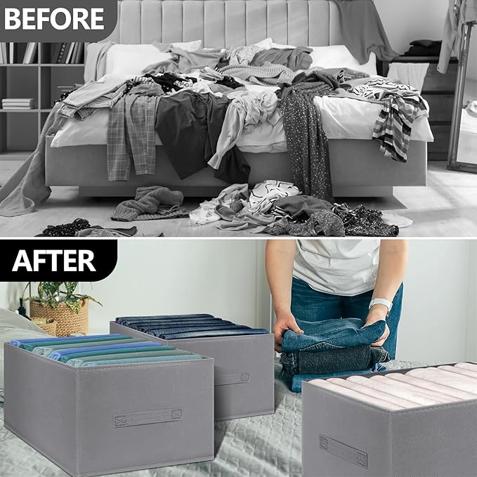 Jeans Organizer for Closet: Foldable Wardrobe Clothes Organizer with Handle, Stackable Closet Clothes Drawer Organizer Tshirts with 7 Grids for Leggings, Sweater, Jean, Pants, Grey (4 PACK)