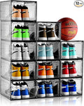 INSTY 12 Pack Gray Transparent Shoe Storage Organizer, Stackable Shoe Boxes for Closet, Drop Front Plastic Shoe Box with Grey Door, Easy to Assemble, Fit up US Size 12(13.4”x 9.8”x 7.1”)