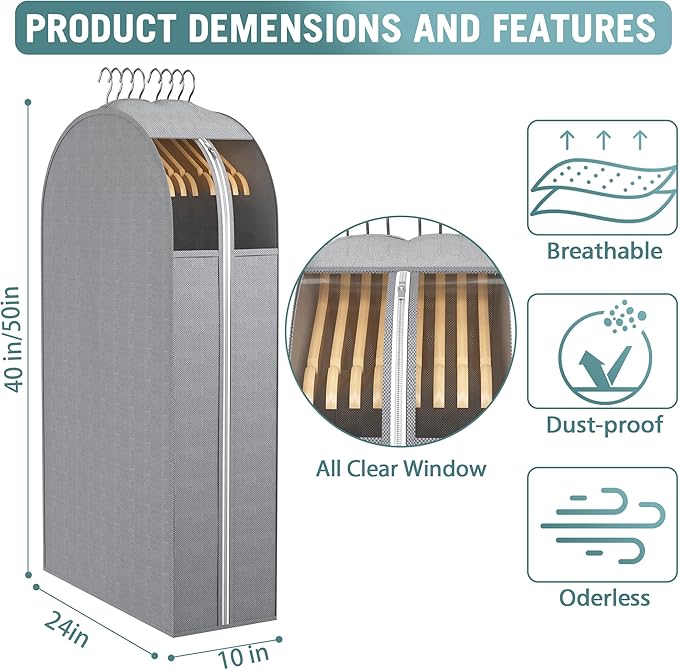Liuoud 10" Gusseted Garment Bags for Hanging Clothes with Clear Window (40&50") Suit Bags for Open Closet Storage, Clothing Cover for Coat, Dress, Jacket, Shirt, Fur Wardrobe Protector, 4 Packs