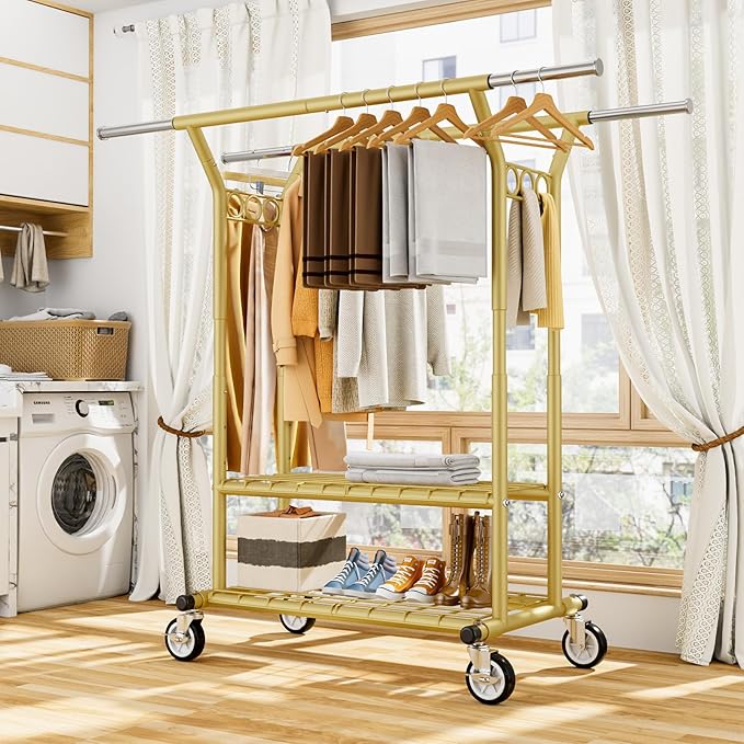 HYSEYY Heavy Duty Clothes Rack, Rolling Clothing Racks With Shelves Load 620 LBS, Double Rod Clothing Racks for Hanging Clothes, Portable& Adjustable Clothes Rack with Wheels Garment Rack,Gold