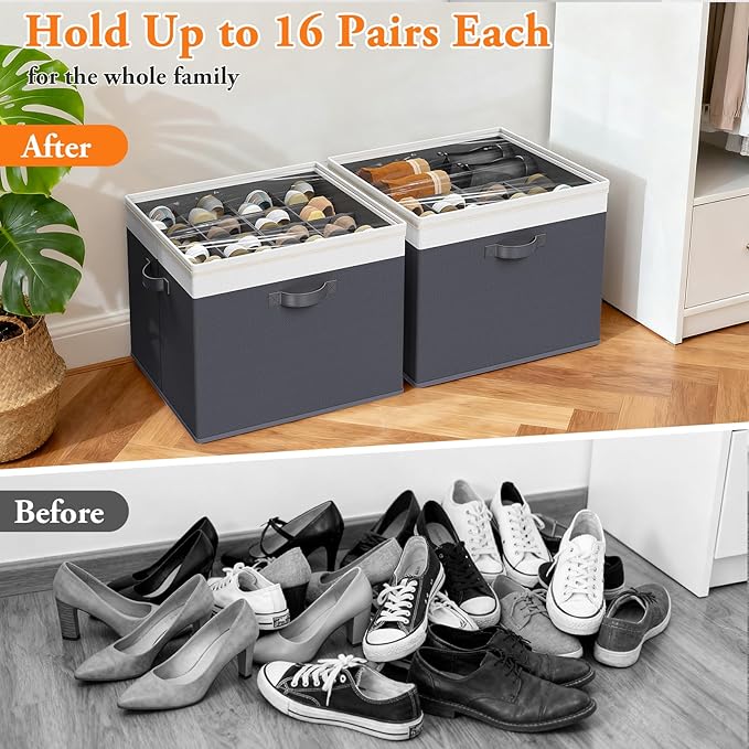 StoreHappily Shoe Organizer for Closet - 2 Packs Hold up to 32 Pairs, Large Shoe Storage Organizer Containers with Adjustable Dividers, Clear Cover, Leather Handles for Heels, Boots, Sneakers (Gray)