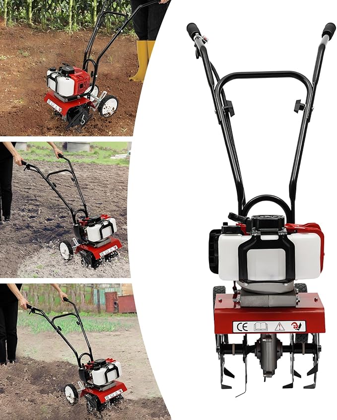 2-Stroke 52CC Mini Tiller Cultivator,Gasoline Power Garden Farmyard Tiller 1900W Soil Work Cultivator 6500rpm Yard Rototiller Tilling Tool for Ploughing, Furrowing, Tilling, Weeding