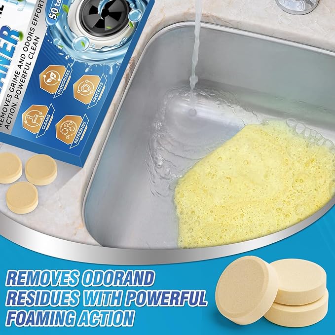 Garbage Disposal Cleaner and Deodorizer Tablets - 50 Count (1-Year Supply), Powerful Foaming Sink Cleaner, Quickly Eliminates Odors, Natural Drain Odor Eliminator for Kitchen Disposal Care