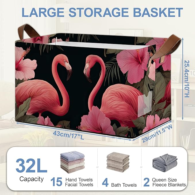 Flamingo Storage Basket,Hibiscus Collapsible Storage Bin Cubes for Living Room Bedroom Blankets Home Storage 17x11.5x10Inch
