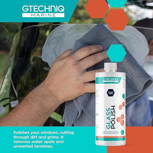 Gtechniq Marine Glass Polish for Boats, 8.5 fl oz | Fast-Acting Hydrophobic Formula Removes Minerals, Salt Deposits, Water Spots and Dirt from Glass and Plexiglass, Smear and Scratch-Free Finish