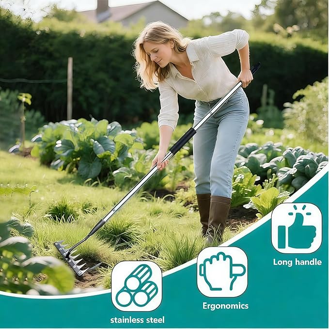 Upgraded Iron Weeding Tool with Adjustable Length Long Handle (31"-63") 3.0,Garden Weed Puller Tool ,8 Tines Manual Weeder Rake,Heavy Duty Weed Puller for Removing Weeds,Lawn, Flower Beds and Aeration
