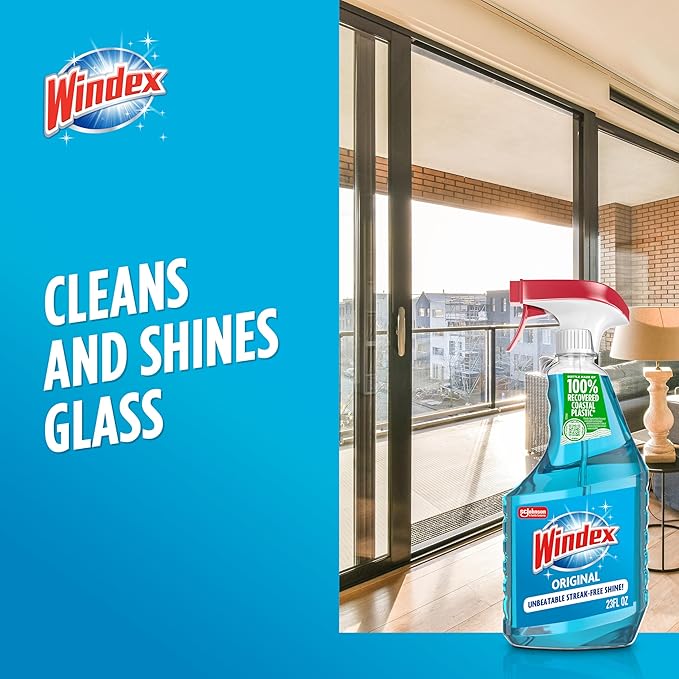 Windex Glass and Window Cleaner Spray Bottle, Bottle Made from 100% Recycled Plastic, Surface Cleaning Spray, Original Blue Scent, 23 Fl Oz (Pack of 6)