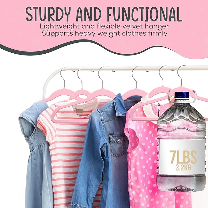 TechZoo 50 Premium Kids Velvet Hangers - 14" Non-Slip Clothes Hangers for Kids & Preteens - Ultra Slim, Space-Saving, Strong & Durable Hangers with 360° Swivel Hook - Pink