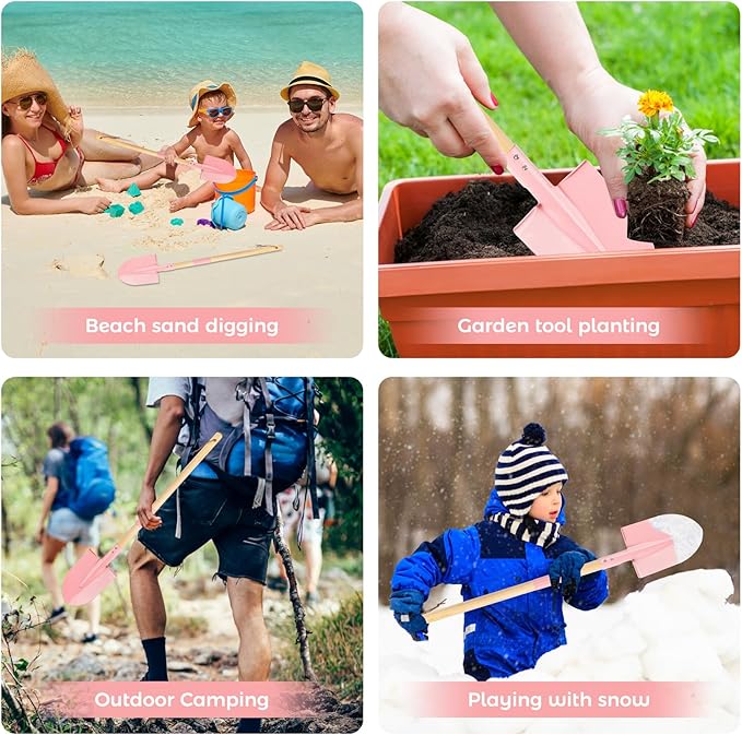 2 Pack Beach Shovels for Kids, 27.2" Long Detachable Kids Shovel with Wood Handle Metal Spade Sand Shovels for Digging Sand Gardening Beach Play Tool for Kids Adults Gifts (Pink)