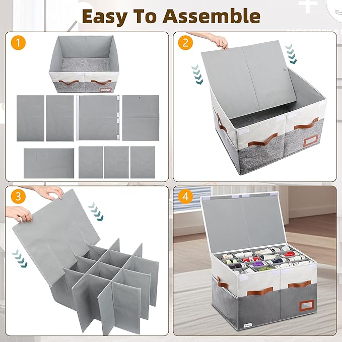 Supowin Shoe Organizer for Closet, Foldable Shoe Storage Bins with Lid & Adjustable Dividers, Fabric Shoe Box Storage Containers with Four Reinforced Handles, Fits 16 Pairs, 1 Pack, Grey