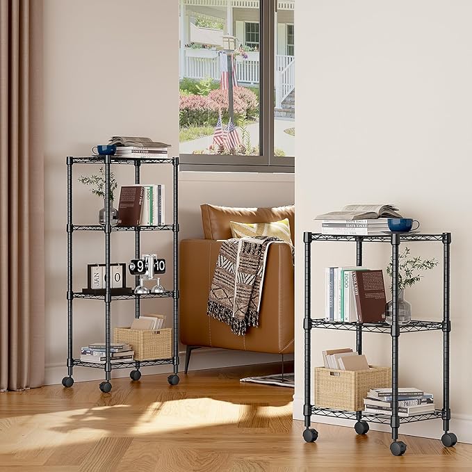 M MZG 4-Shelf Adjustable Heavy Duty Steel Wire Rack, Adjustable Storage Shelving Unit with Wheel for Kitchen, Garage, Laundry Black 11.8" D x 17.7" W x 40.8" H